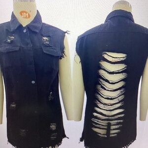 DENIM MID LONG DISTRESSED SLEEVELESS JACKET ( Size: 1X)